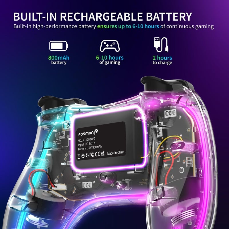 Fosmon Wireless Bluetooth Gaming Controller for Switch 2/1/Lite/OLED, Android/iOS/PC/Steam/Apple Arcade MFi Games, Pro Controller with RGB Lights (14 Color), 4 Level Vibration, 6-Axis Gyro, Turbo - Image 4